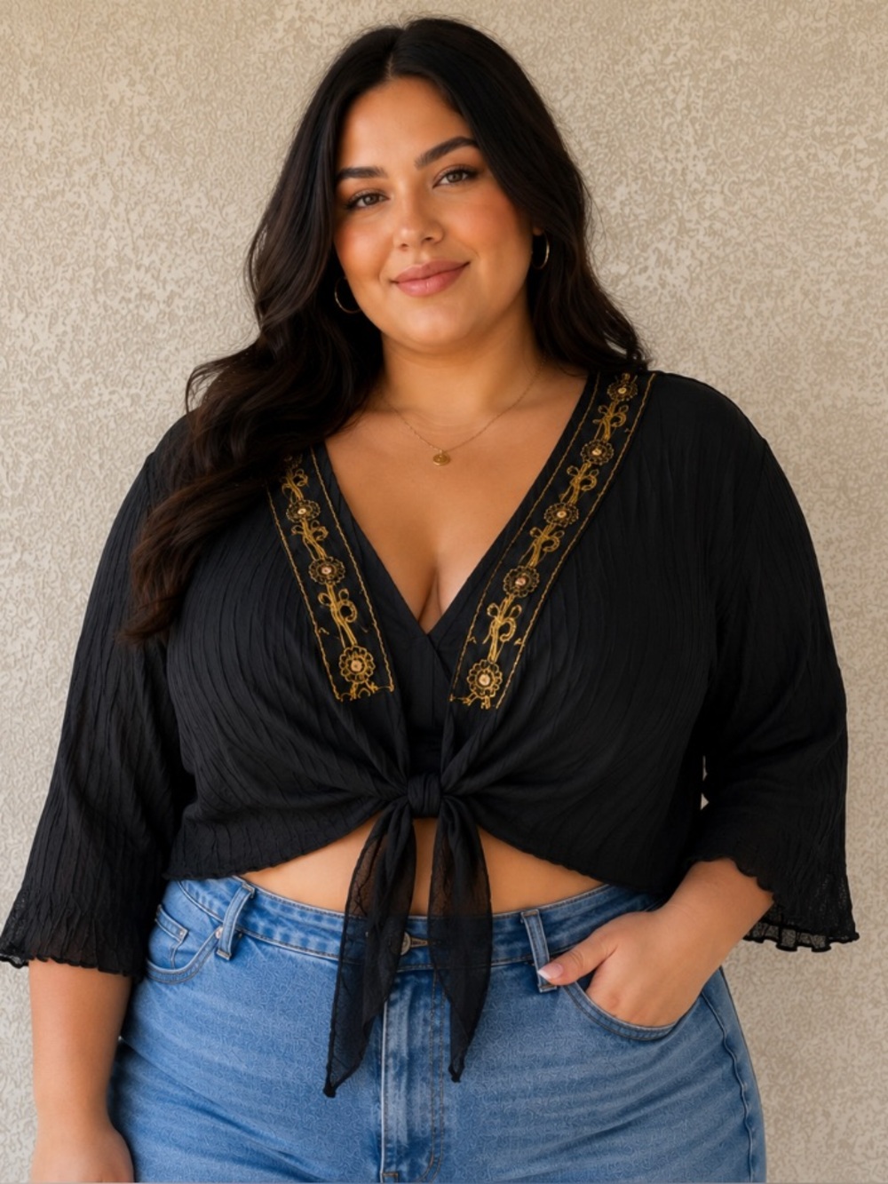 J.T.B Black Tie-Front Crop Top with Gold Embroidery 1X Plus Size